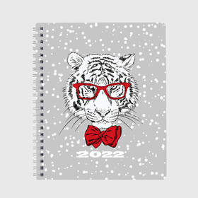 Тетрадь с принтом Белый тигр с красным бантом в Новосибирске, 100% бумага | 48 листов, плотность листов — 60 г/м2, плотность картонной обложки — 250 г/м2. Листы скреплены сбоку удобной пружинной спиралью. Уголки страниц и обложки скругленные. Цвет линий — светло-серый
 | Тематика изображения на принте: 2022 | animal | fangs | merry christmas | new year | predator | red bow | severe grin | snow | white water tiger | winter | year of the tiger | белый водяной тигр | год тигра | зверь | зима | клыки | красный бант | новый год | очки | снег | суро