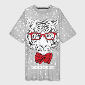 Платье-футболка 3D с принтом Белый тигр с красным бантом в Новосибирске,  |  | 2022 | animal | fangs | merry christmas | new year | predator | red bow | severe grin | snow | white water tiger | winter | year of the tiger | белый водяной тигр | год тигра | зверь | зима | клыки | красный бант | новый год | очки | снег | суро
