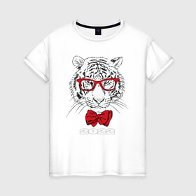 Женская футболка хлопок с принтом Белый тигр в красных очках в Новосибирске, 100% хлопок | прямой крой, круглый вырез горловины, длина до линии бедер, слегка спущенное плечо | 2022 | beast | bow tie | fangs | merry christmas | new year | predator | stern grin | white water tiger | year of the tiger | белый водяной тигр | галстук бабочка | год тигра | зверь | клыки | красные очки | новый год | суровый оскал | хищни
