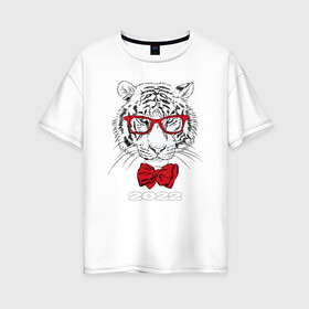 Женская футболка хлопок Oversize с принтом Белый тигр в красных очках в Новосибирске, 100% хлопок | свободный крой, круглый ворот, спущенный рукав, длина до линии бедер
 | 2022 | beast | bow tie | fangs | merry christmas | new year | predator | stern grin | white water tiger | year of the tiger | белый водяной тигр | галстук бабочка | год тигра | зверь | клыки | красные очки | новый год | суровый оскал | хищни