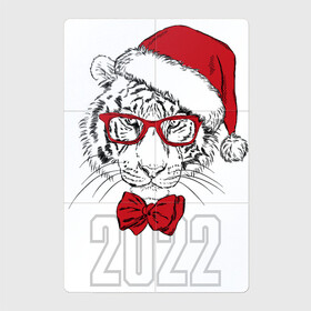 Магнитный плакат 2Х3 с принтом Водяной тигр в шапке Санты в Новосибирске, Полимерный материал с магнитным слоем | 6 деталей размером 9*9 см | Тематика изображения на принте: 2022 | beast | merry christmas | new year | predator | red bow | santa hat | white water tiger | year of the tiger | белый водяной тигр | год тигра | зверь | красный бант | новый год | очки | хищник | шапка санты