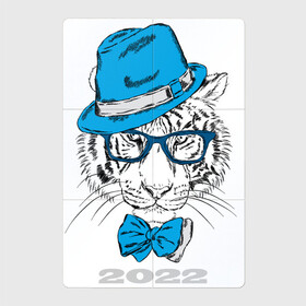 Магнитный плакат 2Х3 с принтом Водяной тигр в синей шляпе в Новосибирске, Полимерный материал с магнитным слоем | 6 деталей размером 9*9 см | Тематика изображения на принте: 2022 | beast | blue hat | bow | merry christmas | new year | predator | snow | white water tiger | winter | year of the tiger | бант | белый водяной тигр | год тигра | зверь | зима | новый год | очки | синяя шляпа | снег | хищник
