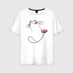 Женская футболка хлопок Oversize с принтом Котик с цветком в Новосибирске, 100% хлопок | свободный крой, круглый ворот, спущенный рукав, длина до линии бедер
 | cat | звери | кот | котенок | котик | кошка | подарок | цветок