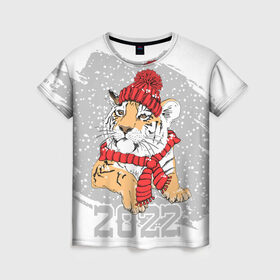 Женская футболка 3D с принтом Тигр в красной шапке в Новосибирске, 100% полиэфир ( синтетическое хлопкоподобное полотно) | прямой крой, круглый вырез горловины, длина до линии бедер | 2022 | beast | merry christmas | new year | predator | proud tiger | red hat | scarf | snow | winter | year of the tiger | год тигра | гордый тигр | зверь | зима | красная шапка | новый год | снег | хищник | шарф