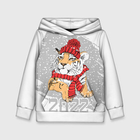 Детская толстовка 3D с принтом Тигр в красной шапке в Новосибирске, 100% полиэстер | двухслойный капюшон со шнурком для регулировки, мягкие манжеты на рукавах и по низу толстовки, спереди карман-кенгуру с мягким внутренним слоем | 2022 | beast | merry christmas | new year | predator | proud tiger | red hat | scarf | snow | winter | year of the tiger | год тигра | гордый тигр | зверь | зима | красная шапка | новый год | снег | хищник | шарф