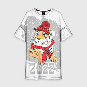 Детское платье 3D с принтом Тигр в красной шапке в Новосибирске, 100% полиэстер | прямой силуэт, чуть расширенный к низу. Круглая горловина, на рукавах — воланы | 2022 | beast | merry christmas | new year | predator | proud tiger | red hat | scarf | snow | winter | year of the tiger | год тигра | гордый тигр | зверь | зима | красная шапка | новый год | снег | хищник | шарф