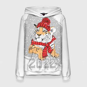Женская толстовка 3D с принтом Тигр в красной шапке в Новосибирске, 100% полиэстер  | двухслойный капюшон со шнурком для регулировки, мягкие манжеты на рукавах и по низу толстовки, спереди карман-кенгуру с мягким внутренним слоем. | 2022 | beast | merry christmas | new year | predator | proud tiger | red hat | scarf | snow | winter | year of the tiger | год тигра | гордый тигр | зверь | зима | красная шапка | новый год | снег | хищник | шарф