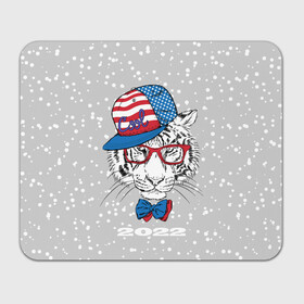 Прямоугольный коврик для мышки с принтом Крутой белый тигр в Новосибирске, натуральный каучук | размер 230 х 185 мм; запечатка лицевой стороны | 2022 | beast | bow | cap | cool | merry christmas | new year | predator | snow | tiger | usa flag | winter | year of the tiger | бант | год тигра | зверь | зима | кепка | крутой | новый год | очки | снег | тигр | флаг сша | хищник