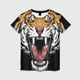 Женская футболка 3D с принтом Оскал амурского тигра в Новосибирске, 100% полиэфир ( синтетическое хлопкоподобное полотно) | прямой крой, круглый вырез горловины, длина до линии бедер | 2022 | amur tiger | beast | merry christmas | new year | open mouth | predator | stern grin | year of the tiger | амурский тигр | год тигра | зверь | новый год | открытая пасть | суровый оскал | хищник