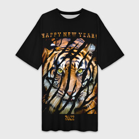 Платье-футболка 3D с принтом Happy New Year 2022 в Новосибирске,  |  | 2022 | amur tiger | beast | happy new year | merry christmas | new year | predator | stern look | year of the tiger | амурский тигр | год тигра | зверь | новый год | суровый взгляд | хищник