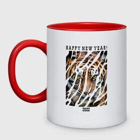 Кружка двухцветная с принтом Happy New Year Tiger в Новосибирске, керамика | объем — 330 мл, диаметр — 80 мм. Цветная ручка и кайма сверху, в некоторых цветах — вся внутренняя часть | 2022 | amur tiger | beast | happy new year | merry christmas | new year | predator | stern look | year of the tiger | амурский тигр | год тигра | зверь | новый год | суровый взгляд | хищник