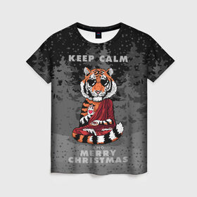 Женская футболка 3D с принтом Keep calm and Merry Christmas в Новосибирске, 100% полиэфир ( синтетическое хлопкоподобное полотно) | прямой крой, круглый вырез горловины, длина до линии бедер | 2022 | beast | buddhist | heart | keep calm and merry christmas | meditation | new year | spruce forest | tiger | year of the tiger | буддист | год тигра | ельник | зверь | медитация | новый год | сердце | тигр | черные очки