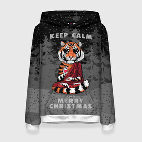 Женская толстовка 3D с принтом Keep calm and Merry Christmas в Новосибирске, 100% полиэстер  | двухслойный капюшон со шнурком для регулировки, мягкие манжеты на рукавах и по низу толстовки, спереди карман-кенгуру с мягким внутренним слоем. | 2022 | beast | buddhist | heart | keep calm and merry christmas | meditation | new year | spruce forest | tiger | year of the tiger | буддист | год тигра | ельник | зверь | медитация | новый год | сердце | тигр | черные очки