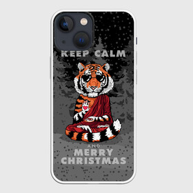 Чехол для iPhone 13 mini с принтом Keep calm and Merry Christmas в Новосибирске,  |  | Тематика изображения на принте: 2022 | beast | buddhist | heart | keep calm and merry christmas | meditation | new year | spruce forest | tiger | year of the tiger | буддист | год тигра | ельник | зверь | медитация | новый год | сердце | тигр | черные очки