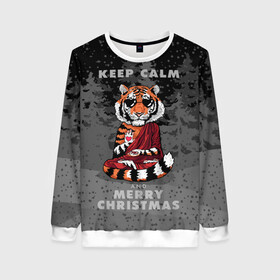 Женский свитшот 3D с принтом Keep calm and Merry Christmas в Новосибирске, 100% полиэстер с мягким внутренним слоем | круглый вырез горловины, мягкая резинка на манжетах и поясе, свободная посадка по фигуре | 2022 | beast | buddhist | heart | keep calm and merry christmas | meditation | new year | spruce forest | tiger | year of the tiger | буддист | год тигра | ельник | зверь | медитация | новый год | сердце | тигр | черные очки
