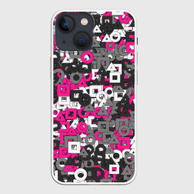 Чехол для iPhone 13 mini с принтом Squid Game Camo в Новосибирске,  |  | squid game | геометрия | игра в кальмара | кауфляж | милитари | паттерн | розовый | фигуры