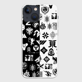 Чехол для iPhone 13 mini с принтом DESTINY LOGOBOMBING ЧЁРНО БЕЛОЕ в Новосибирске,  |  | bungie | cayde 6 | cyd6 | destiny | destiny 2 | forsaken | gambit | hunter | titan | warlock | банги | варлок | габмит | дестини | дестини 2 | зур | кейд | кейд 6 | отвергнутые | охотник | титан | туз