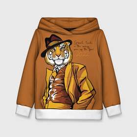 Детская толстовка 3D с принтом Good luck in the coming year of the Tiger в Новосибирске, 100% полиэстер | двухслойный капюшон со шнурком для регулировки, мягкие манжеты на рукавах и по низу толстовки, спереди карман-кенгуру с мягким внутренним слоем | 2022 | gentleman | happy new year | hat | imposing | look | merry christmas | orange suit | predator | tiger | взгляд | год тигра | джентльмен | новый год | оранжевый костюм | рождество | тигр | хищник | шляпа
