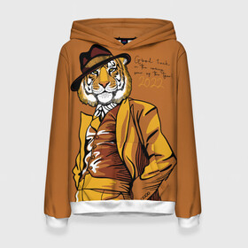 Женская толстовка 3D с принтом Good luck in the coming year of the Tiger в Новосибирске, 100% полиэстер  | двухслойный капюшон со шнурком для регулировки, мягкие манжеты на рукавах и по низу толстовки, спереди карман-кенгуру с мягким внутренним слоем. | 2022 | gentleman | happy new year | hat | imposing | look | merry christmas | orange suit | predator | tiger | взгляд | год тигра | джентльмен | новый год | оранжевый костюм | рождество | тигр | хищник | шляпа