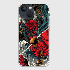 Чехол для iPhone 13 mini с принтом БОГ ГРОМА РАЙДЗИН в Новосибирске,  |  | demon | evil | god | japan | raijin | red | samurai | бог | буддизм | восток | гроза | гром | демон | дьявол | зло | красный | молния | райдзин | самурай | япония