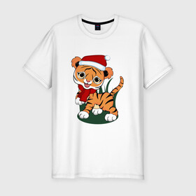 Мужская футболка хлопок Slim с принтом Зимний тигр в Новосибирске, 92% хлопок, 8% лайкра | приталенный силуэт, круглый вырез ворота, длина до линии бедра, короткий рукав | 2022 | год тигра | новогодний тигр | новый год | праздничный тигр | тигр | тигр в новогодней шапке | тигренок