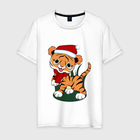 Мужская футболка хлопок с принтом Зимний тигр в Новосибирске, 100% хлопок | прямой крой, круглый вырез горловины, длина до линии бедер, слегка спущенное плечо. | 2022 | год тигра | новогодний тигр | новый год | праздничный тигр | тигр | тигр в новогодней шапке | тигренок