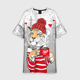 Детское платье 3D с принтом Тигр с чашкой кофе в Новосибирске, 100% полиэстер | прямой силуэт, чуть расширенный к низу. Круглая горловина, на рукавах — воланы | 2022 | a cup of coffee | fir forest | happy new year | hearts | merry christmas | red hat | striped fur coat | tiger | year of the tiger | год тигра | еловый лес | красная шапка | новый год | полосатая шуба | рождество | сердца | тигр | чашка кофе