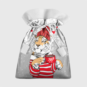 Подарочный 3D мешок с принтом Тигр с чашкой кофе в Новосибирске, 100% полиэстер | Размер: 29*39 см | Тематика изображения на принте: 2022 | a cup of coffee | fir forest | happy new year | hearts | merry christmas | red hat | striped fur coat | tiger | year of the tiger | год тигра | еловый лес | красная шапка | новый год | полосатая шуба | рождество | сердца | тигр | чашка кофе