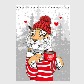 Скетчбук с принтом Тигр с чашкой кофе в Новосибирске, 100% бумага
 | 48 листов, плотность листов — 100 г/м2, плотность картонной обложки — 250 г/м2. Листы скреплены сверху удобной пружинной спиралью | Тематика изображения на принте: 2022 | a cup of coffee | fir forest | happy new year | hearts | merry christmas | red hat | striped fur coat | tiger | year of the tiger | год тигра | еловый лес | красная шапка | новый год | полосатая шуба | рождество | сердца | тигр | чашка кофе
