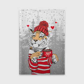 Обложка для автодокументов с принтом Тигр с чашкой кофе в Новосибирске, натуральная кожа |  размер 19,9*13 см; внутри 4 больших “конверта” для документов и один маленький отдел — туда идеально встанут права | Тематика изображения на принте: 2022 | a cup of coffee | fir forest | happy new year | hearts | merry christmas | red hat | striped fur coat | tiger | year of the tiger | год тигра | еловый лес | красная шапка | новый год | полосатая шуба | рождество | сердца | тигр | чашка кофе
