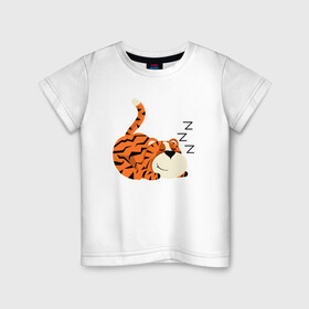 Детская футболка хлопок с принтом Спящий тигренок в Новосибирске, 100% хлопок | круглый вырез горловины, полуприлегающий силуэт, длина до линии бедер | Тематика изображения на принте: 2022 | год тигра | новый год | новый год 2022 | символ года | тигр | тигренок | тигрица | тигры