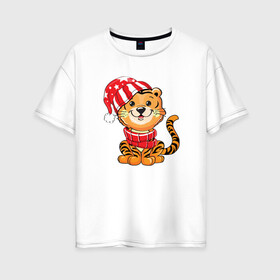 Женская футболка хлопок Oversize с принтом Тигренок в шапке и в шарфе в Новосибирске, 100% хлопок | свободный крой, круглый ворот, спущенный рукав, длина до линии бедер
 | 2022 | год тигра | новый год | новый год 2022 | символ года | тигр | тигренок | тигрица | тигры