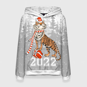 Женская толстовка 3D с принтом Тигр с подарками в Новосибирске, 100% полиэстер  | двухслойный капюшон со шнурком для регулировки, мягкие манжеты на рукавах и по низу толстовки, спереди карман-кенгуру с мягким внутренним слоем. | 2022 | fir forest | gifts | happy new year | merry christmas | red hat | santa claus | tiger | year of the tiger | год тигра | еловый лес | красная шапка | новый год | подарки | рождество | санта клаус | тигр