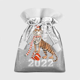 Подарочный 3D мешок с принтом Тигр с подарками в Новосибирске, 100% полиэстер | Размер: 29*39 см | 2022 | fir forest | gifts | happy new year | merry christmas | red hat | santa claus | tiger | year of the tiger | год тигра | еловый лес | красная шапка | новый год | подарки | рождество | санта клаус | тигр