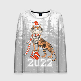 Женский лонгслив 3D с принтом Тигр с подарками в Новосибирске, 100% полиэстер | длинные рукава, круглый вырез горловины, полуприлегающий силуэт | 2022 | fir forest | gifts | happy new year | merry christmas | red hat | santa claus | tiger | year of the tiger | год тигра | еловый лес | красная шапка | новый год | подарки | рождество | санта клаус | тигр