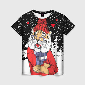 Женская футболка 3D с принтом Тигр в красном в Новосибирске, 100% полиэфир ( синтетическое хлопкоподобное полотно) | прямой крой, круглый вырез горловины, длина до линии бедер | Тематика изображения на принте: 2022 | fir forest | happy new year | hearts | merry christmas | red hat | santa claus | scarf | snow | tiger | year of the tiger | год тигра | еловый лес | красная шапка | новый год | очки | рождество | санта клаус | сердца | снег | тигр | шарф