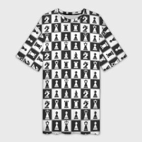 Платье-футболка 3D с принтом Шахматы (Шахматные Фигуры) в Новосибирске,  |  | chess | анатолий карпов | бобби фишер | владимир крамник | гари каспаров | игра | король | ладья | магнус карлсен | математика | михаил ботвинник | пешка | ферзь | хосерауль капабланка | чёрнобелые