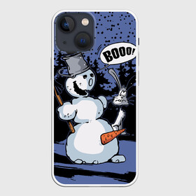 Чехол для iPhone 13 mini с принтом Снеговик на Хэллоуин в Новосибирске,  |  | Тематика изображения на принте: broom | bucket | carrot | fir forest | frightened hare | halloween | new year | night | scary | snow | snowman | ведро | еловый лес | испуганный заяц | метла | морковка | новый год | ночь | снег | снеговик | страшный | хэллоуин