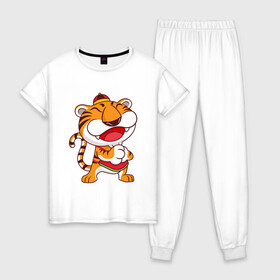 Женская пижама хлопок с принтом Веселый Тигр в Новосибирске, 100% хлопок | брюки и футболка прямого кроя, без карманов, на брюках мягкая резинка на поясе и по низу штанин | 2022 | год тигра | новый год | новый год 2022 | символ года | тигр | тигренок | тигрица | тигры