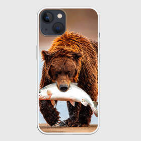 Чехол для iPhone 13 с принтом Медведь с рыбой во рту в Новосибирске,  |  | bear | дикие | животные | звери | лес | медведь | мишка | природа | русская рыбалка | рыба