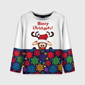 Детский лонгслив 3D с принтом Merry Christmas (оленёнок) в Новосибирске, 100% полиэстер | длинные рукава, круглый вырез горловины, полуприлегающий силуэт
 | christmas | merry christmas | santa claus | дед мороз | ёлка | новогодние олени | новый год | оленёнок бэмби | оленёнок рудольф | орнамент | с новым годом | сантаклаус | свитер с оленями | снегурочка | снежинки | узоры