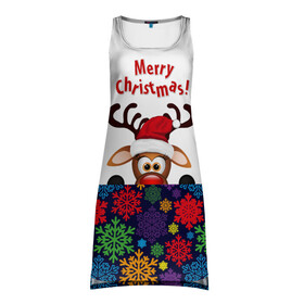 Платье-майка 3D с принтом Merry Christmas (оленёнок) в Новосибирске, 100% полиэстер | полуприлегающий силуэт, широкие бретели, круглый вырез горловины, удлиненный подол сзади. | christmas | merry christmas | santa claus | дед мороз | ёлка | новогодние олени | новый год | оленёнок бэмби | оленёнок рудольф | орнамент | с новым годом | сантаклаус | свитер с оленями | снегурочка | снежинки | узоры