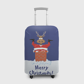 Чехол для чемодана 3D с принтом Санта в трубе с Оленем в Новосибирске, 86% полиэфир, 14% спандекс | двустороннее нанесение принта, прорези для ручек и колес | christmas | merry christmas | santa claus | дед мороз | ёлка | новогодние олени | новый год | оленёнок бэмби | оленёнок рудольф | орнамент | с новым годом | сантаклаус | свитер с оленями | снегурочка | снежинки | узоры