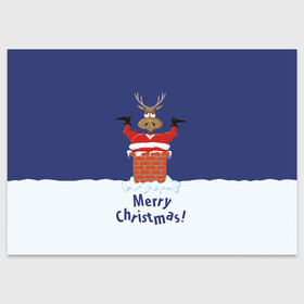 Поздравительная открытка с принтом Санта в трубе с Оленем в Новосибирске, 100% бумага | плотность бумаги 280 г/м2, матовая, на обратной стороне линовка и место для марки
 | christmas | merry christmas | santa claus | дед мороз | ёлка | новогодние олени | новый год | оленёнок бэмби | оленёнок рудольф | орнамент | с новым годом | сантаклаус | свитер с оленями | снегурочка | снежинки | узоры