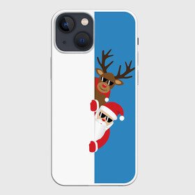 Чехол для iPhone 13 mini с принтом Крутые Санта и Олень в Новосибирске,  |  | christmas | merry christmas | santa claus | в очках | дед мороз | ёлка | новогодние олени | новый год | оленёнок бэмби | оленёнок рудольф | с новым годом | сантаклаус | свитер с оленями | северный олень | снегурочка
