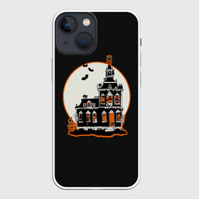 Чехол для iPhone 13 mini с принтом Gloomy Castle в Новосибирске,  |  | bat | castle | cat | dark | gloomy | halloween | jack | lamp | moon | night | pumpkin | skeleton | spider | sunset | tailcoat | web | джек | джека | замок | кот | летучая | луна | мрачный | мышь | ночь | паук | паутина | свет | светильник |