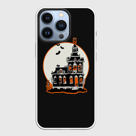 Чехол для iPhone 13 Pro с принтом Gloomy Castle в Новосибирске,  |  | Тематика изображения на принте: bat | castle | cat | dark | gloomy | halloween | jack | lamp | moon | night | pumpkin | skeleton | spider | sunset | tailcoat | web | джек | джека | замок | кот | летучая | луна | мрачный | мышь | ночь | паук | паутина | свет | светильник |