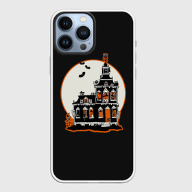 Чехол для iPhone 13 Pro Max с принтом Gloomy Castle в Новосибирске,  |  | Тематика изображения на принте: bat | castle | cat | dark | gloomy | halloween | jack | lamp | moon | night | pumpkin | skeleton | spider | sunset | tailcoat | web | джек | джека | замок | кот | летучая | луна | мрачный | мышь | ночь | паук | паутина | свет | светильник |