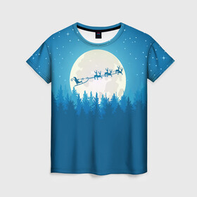 Женская футболка 3D с принтом Санта с Оленями в Новосибирске, 100% полиэфир ( синтетическое хлопкоподобное полотно) | прямой крой, круглый вырез горловины, длина до линии бедер | christmas | merry christmas | santa claus | дед мороз | ёлка | зима | луна | мороз | новогодние олени | новый год | оленёнок рудольф | подарок | праздник | рождество | с новым годом | сани | санта клаус | свитер с оленями