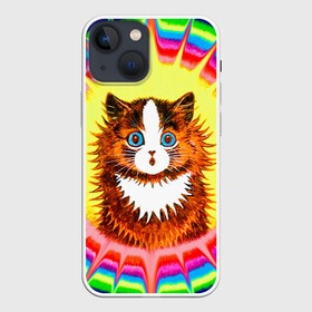 Чехол для iPhone 13 mini с принтом Psychedelic Rainbow Cat в Новосибирске,  |  | Тематика изображения на принте: benedict cumberbatch | louis wain | louis wains cats | psychedelic rainbow cat | the electrical life | антропоморфный | бенедикт камбербэтч | известный художник | кошачьи миры луиса уэйна | луис вэйн | луис уэйн | радуга | радужный кот